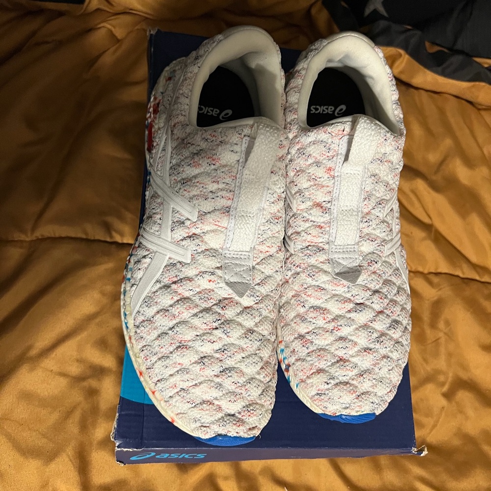 Asics White Knit Slip-On Sneakers with Multicolor Speckle
